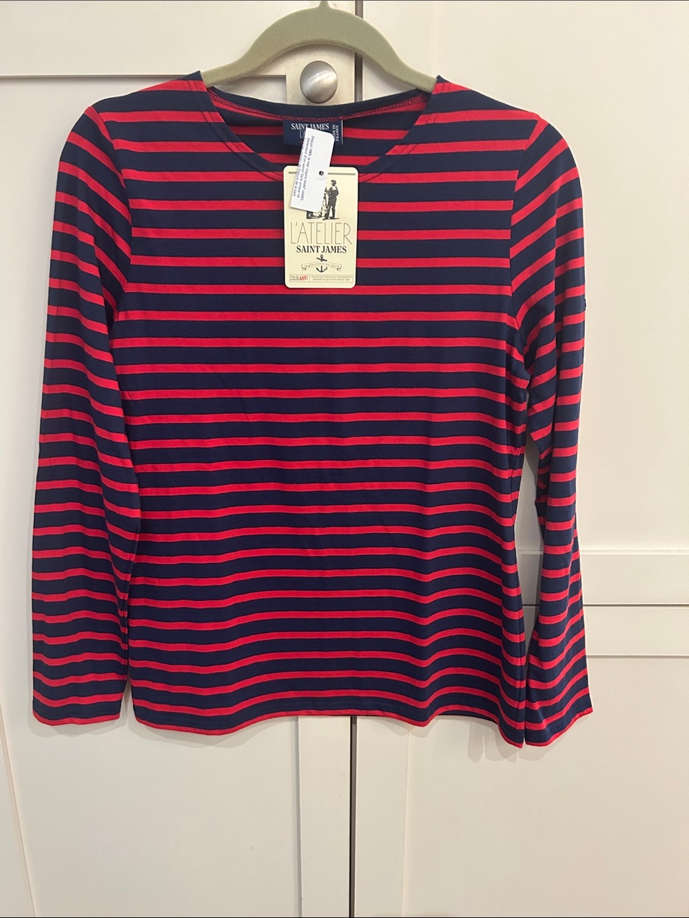 NWT Saint James Women’s Long Sleeve Stripe Tee in Navy and Red, size 38